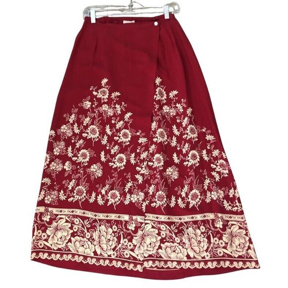 April Cornell Midi Wrap Skirt Womens S VTG Ruby Rayon Floral Border Garden Girl - Picture 1 of 13